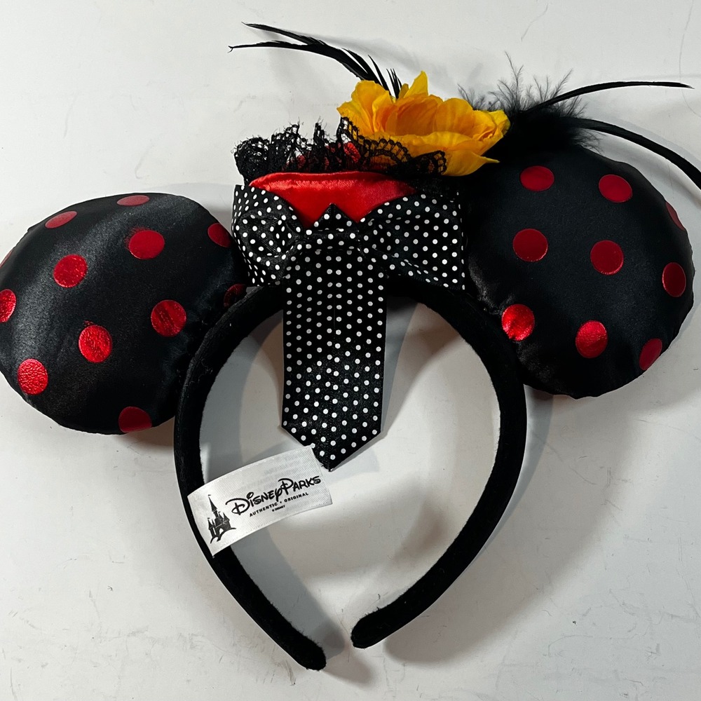 Disney Parks Minnie Mouse Headband Ears Red Polka Dot Hat Flower Feather Cameo